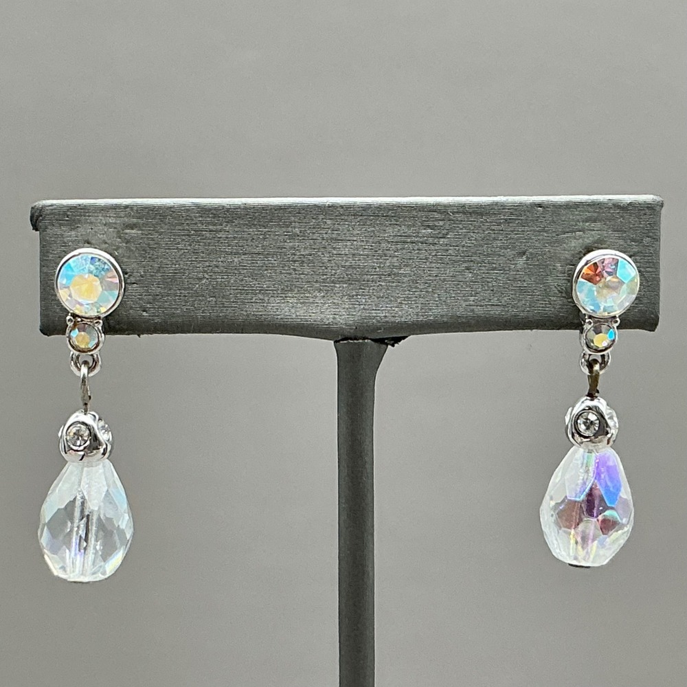 Dangle Drop Earrings Women Silver Tone Aurora Borealis Crystal Teardrop Faceted